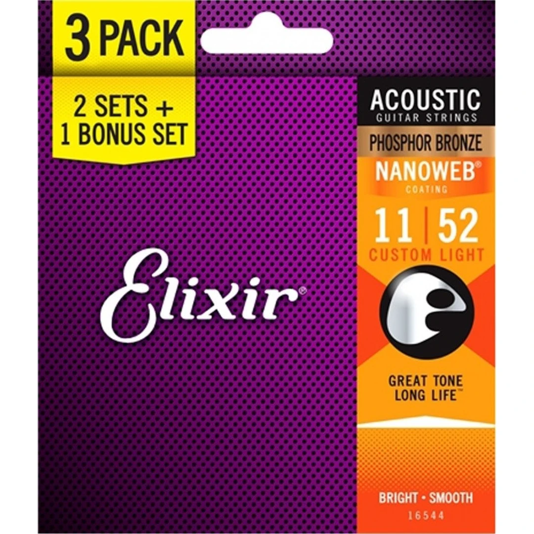 Струны для акустической гитары Elixir 16544 11-52 Custom Light Bonus Set