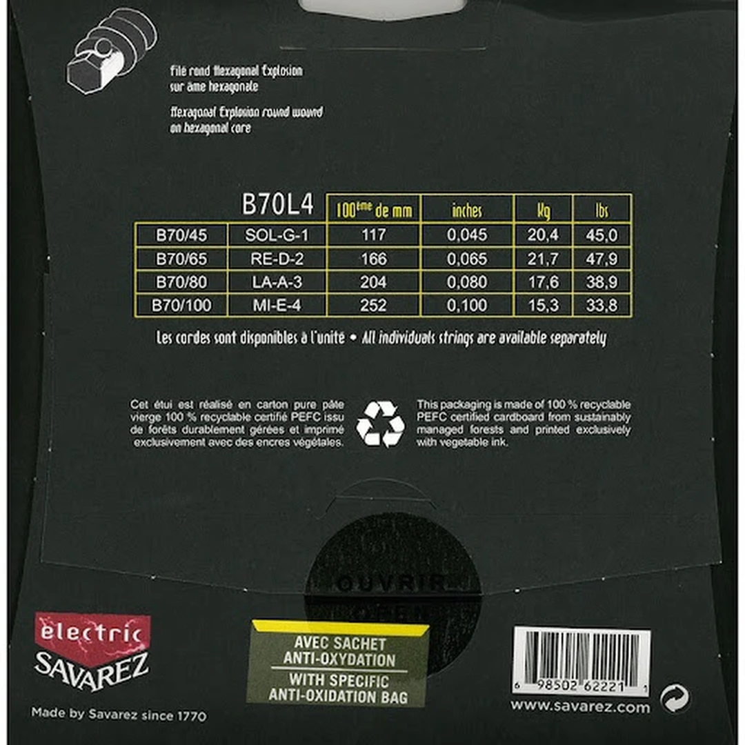 Струны для бас-гитары Savarez B70L4 Hexagonal Explosion 45-100