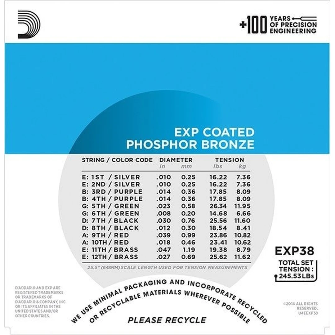 Струны для 12-ти струнной акустической гитары D'Addario EXP38 Light 10-47